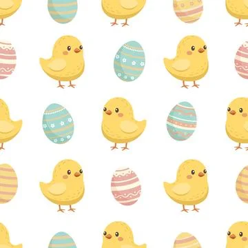 Easter seamless pattern with eggs and yellow chick 스톡 일러스트