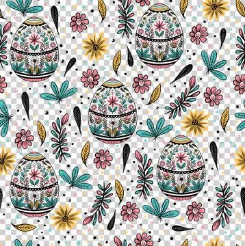 Easter seamless pattern with eggs, flowers on white background Stock Illustration