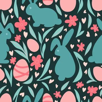 Easter seamless pattern with eggs, rabbits and hearts. Happy Easter design in Stockillustratie