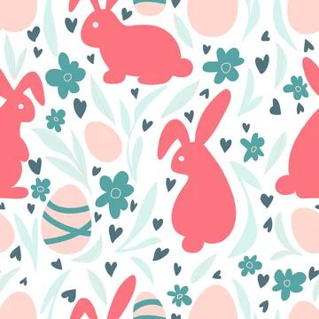 Easter seamless pattern with eggs, rabbits and hearts. Happy Easter design in イラスト素材