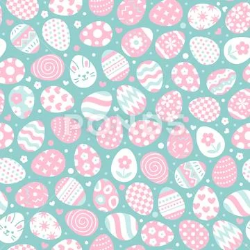 Easter seamless pattern with flat icons of painted eggs. Egg hunt vector Stock Illustration