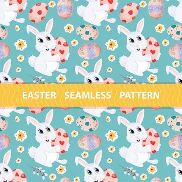 Easter seamless pattern flat illustration in the style of childrens doodle ra Stock Illustration