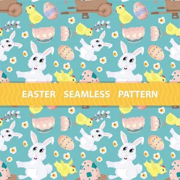 Easter seamless pattern flat illustration in the style of childrens doodle Wh イラスト素材