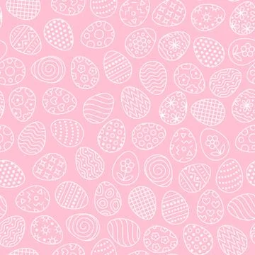 Easter seamless pattern with flat line icons of painted eggs. Egg hunt vector Stock Illustration