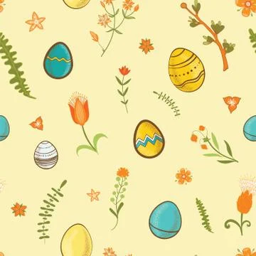 Easter seamless pattern flowers and eggs Stock Illustration