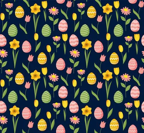 Easter seamless pattern with flowers and eggs. Stock Illustration