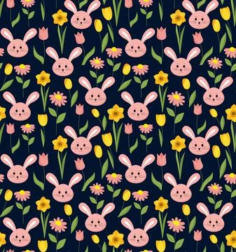 Easter seamless pattern with flowers and hares Illustrazione stock