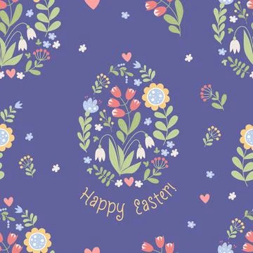 Easter seamless pattern. Flowers and flowering Easter egg on blue backgroun.. Stock Illustration