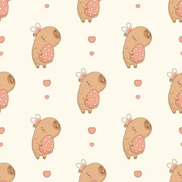 Easter Seamless pattern. Funny capybara in bunny ears with paschal egg on w.. Stock Illustration