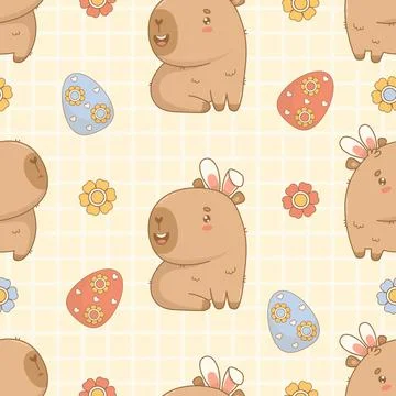 Easter Seamless pattern. Funny cartoon capybara in bunny ears on yellow Stock Illustration