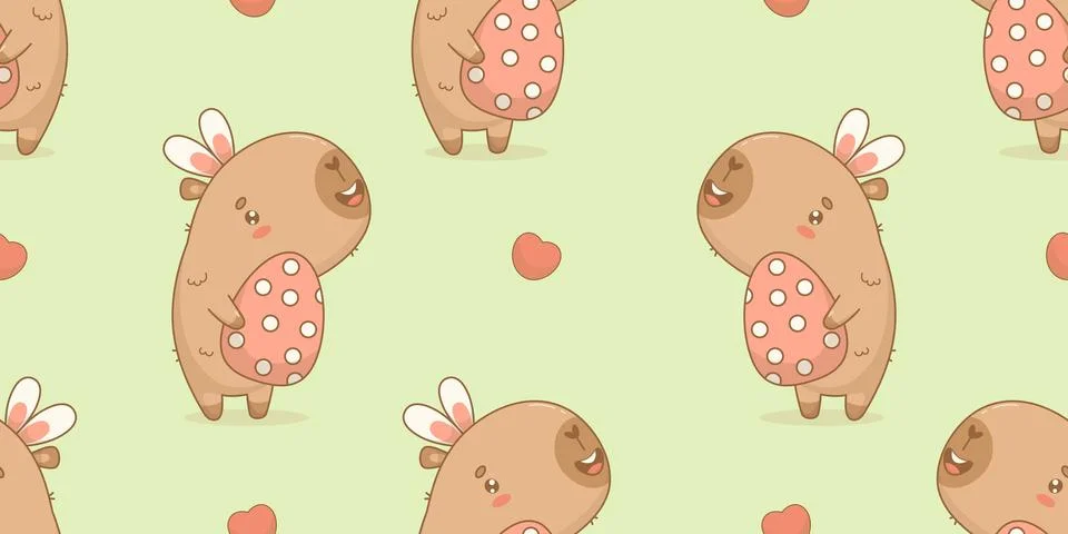 Easter Seamless pattern. Funny cute capybara in bunny ears with paschal egg on 스톡 일러스트