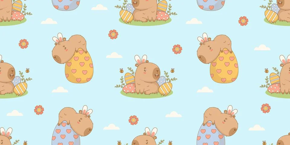 Easter Seamless pattern. Funny cute capybara in bunny ears with paschal Stock Illustration