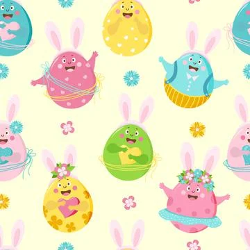 Easter seamless pattern. Funny Easter eggs - girls and boys with faces, emotions Stock Illustration