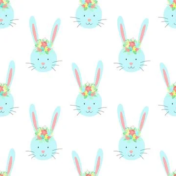 Easter seamless pattern of funny rabbit with flowers on a transparent backgro Stock Illustration