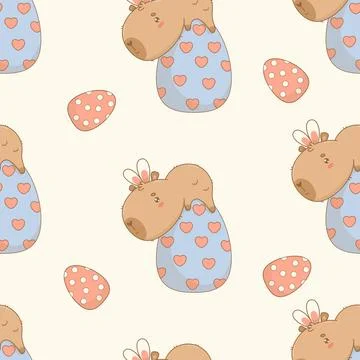 Easter Seamless pattern. Funny small capybara in bunny ears on large paschal egg Illustrazione stock
