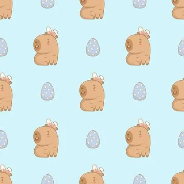 Easter Seamless pattern. Funny smiling capybara in bunny ears on blue backg.. Stock Illustration
