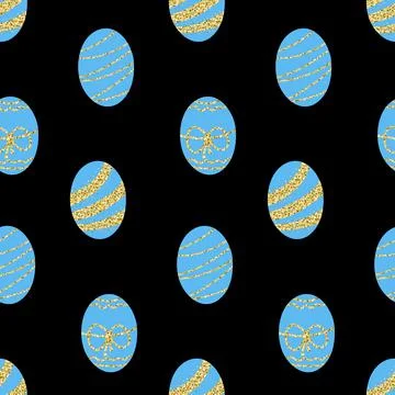 Easter seamless pattern with golden blue eggs, shimmer christian easter tradi 스톡 일러스트