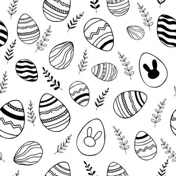 Easter seamless pattern. Hand drawn eggs and floral elements. Black and white Illustrazione stock