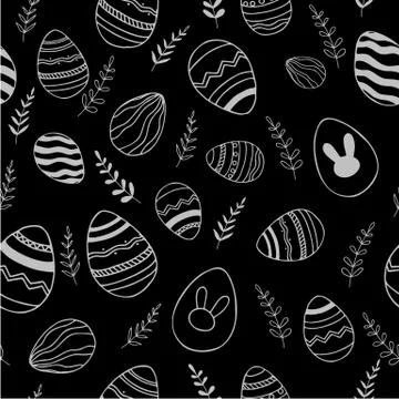 Easter seamless pattern. Hand drawn eggs and floral elements. Silver on bla.. Stock Illustration