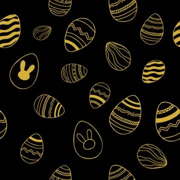 Easter seamless pattern. Hand drawn eggs gold on black background. イラスト素材