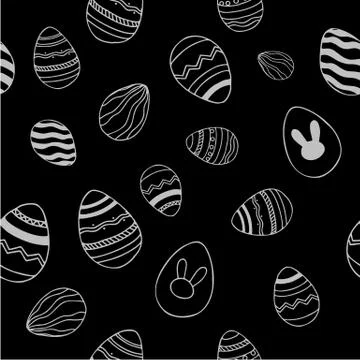 Easter seamless pattern. Hand drawn eggs silver on black background. 스톡 일러스트
