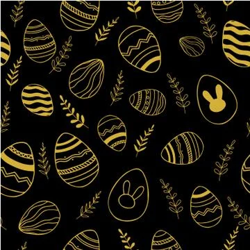 Easter seamless pattern. Hand drawn eggs and floral elements. Gold on black.. Illustrazione stock