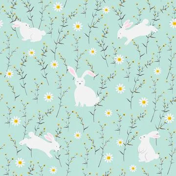Easter seamless pattern with hand drawn white rabbits happy in the garden Stock Illustration