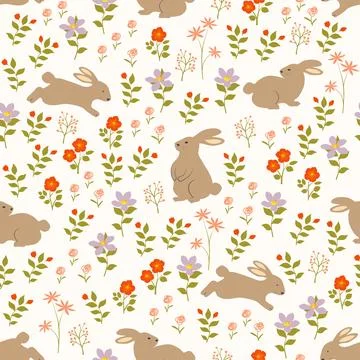 Easter seamless pattern with hand drawn cute rabbits on spring garden for E.. Stock Illustration