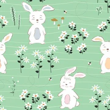Easter seamless pattern with hand drawn cute rabbits happy on spring garden Stock Illustration