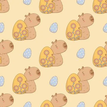 Easter Seamless pattern. Happy Capybara with decorative paschal Egg on yell.. イラスト素材