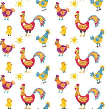 Easter seamless pattern with hen and nest. hen and chicken, rooster vector Stock Illustration