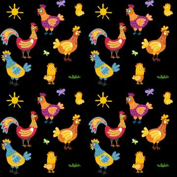Easter seamless pattern with hen and nest. hen and chicken, rooster vector Stock Illustration