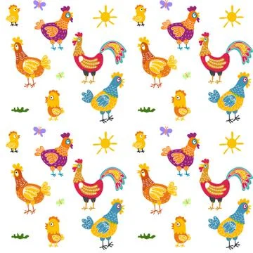 Easter seamless pattern with hen and nest. hen and chicken, rooster vector Stock Illustration
