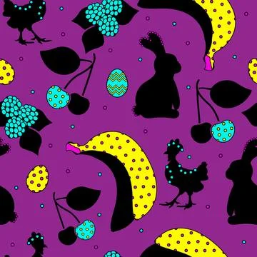 Easter seamless pattern with hen, rabbit, easter eggs and fruit. Pop art style. Stock Illustration