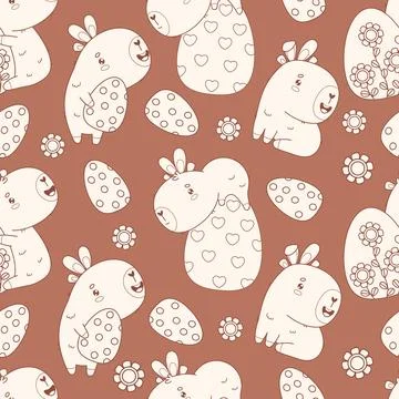 Easter Seamless pattern. Holiday Capybaras with paschal Eggs on brown backg.. 스톡 일러스트