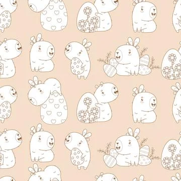 Easter Seamless pattern. Holiday Capybaras with paschal Eggs on light beige.. 스톡 일러스트