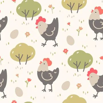 Easter seamless pattern with laying hens and eggs 库存插图