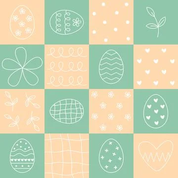 Easter seamless pattern mosaic with eggs, flowers and herbs Stock Illustration