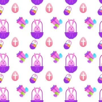 Easter Seamless Pattern With Painted Eggs And Rabbits On White Background 스톡 일러스트