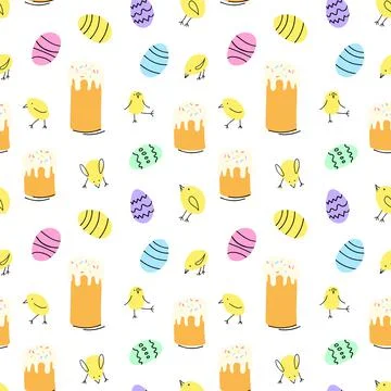 Easter seamless pattern pastel colors in cartoon style with Easter cake, eggs 스톡 일러스트