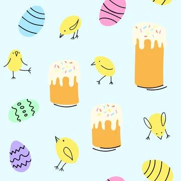 Easter seamless pattern pastel colors in cartoon style with Easter cake, eggs Stock Illustration