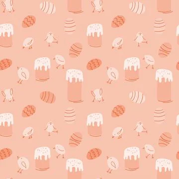 Easter seamless pattern pastel pink color in cartoon style with Easter cake Stock Illustration