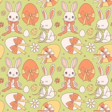Easter seamless pattern with rabbit bunny, eggs with coquette bows for greeting Illustrazione stock