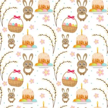 Easter seamless pattern with rabbit, egg basket, cake, pussy willow. Endles.. 스톡 일러스트