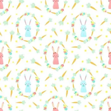 Easter seamless pattern with rabbits, carrots and flowers on a transparent ba 스톡 일러스트