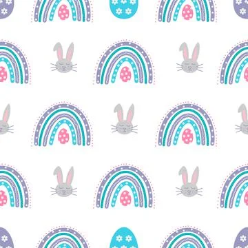Easter seamless pattern with rainbows, bunny, eggs, flowers. Cute Easter vect 스톡 일러스트