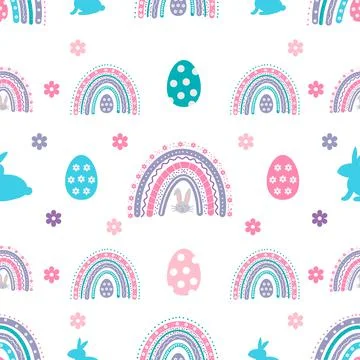Easter seamless pattern with rainbows, bunny, eggs, flowers. Cute Easter vect イラスト素材