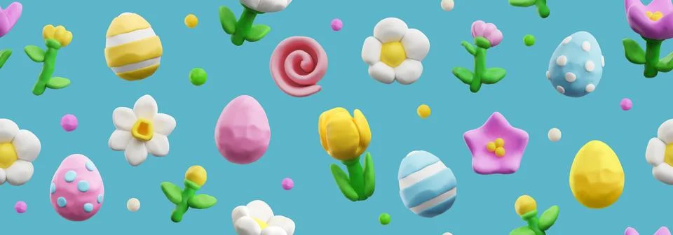 Easter seamless pattern, realistic 3D vector illustration, plasticine art Stock Illustration