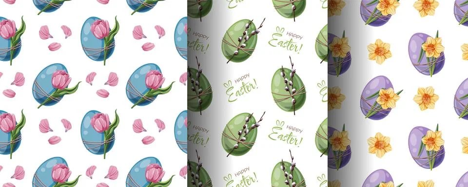 Easter Seamless Pattern Set with Colorful Eggs, Tulips, Daffodils and Willow Illustrazione stock