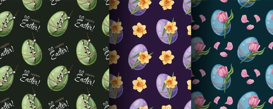 Easter Seamless Pattern Set with Colorful Eggs, Tulips, Daffodils and Willow Stock Illustration